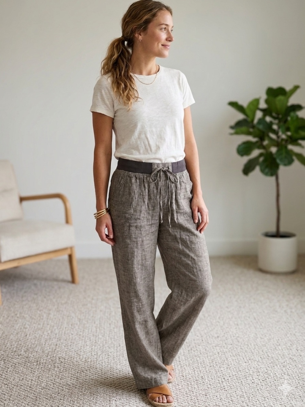 H&M Wide-Leg Linen Drawstring Pants - Taupe Brown